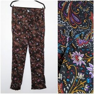 Z & L Elastic Tie Waist Straight Leg Paisley Floral Print Pants Black Red Gold M